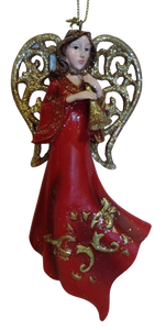 Red/Gold Angel Ornament with Gold Wings/Gold Horn 5.5" Resin