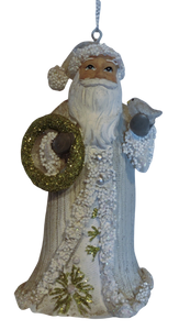 Santa Ornament Holding Green Wreath & Bird 5" Resin