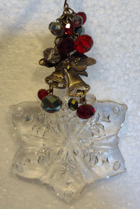 Acrylic Crystal  Christmas Flower Ornament Bronze Bells & Blue/Red Crystal Balls 5.5"