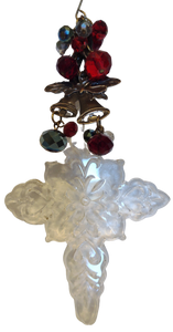 Acrylic Crystal  Cross Ornament Bronze Bells & Blue/Red Crystal Balls  6"