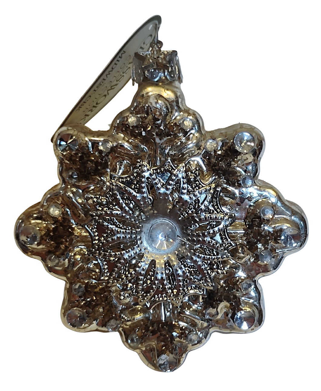Glass Silver Snowflake Ornament with Flower in Center 4