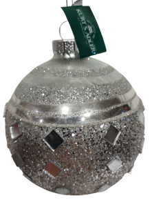 Glass Silver Round Ornament with Silver Gems 5"