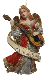 Burgundy/Gold/Grey Angel Ornament -Joy To The World - 5" Resin