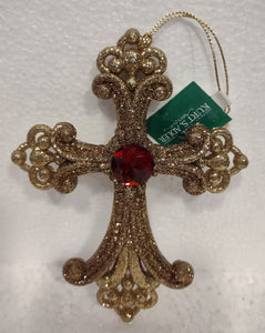 Acrylic Gold Cross Ornament with Red Gem 5"x4"