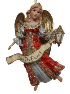 Burgundy/Gold/Grey Angel Ornament -Peace On Earth- 5" Resin