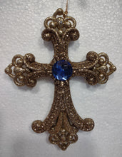 Load image into Gallery viewer, Acrylic Gold Cross Ornament with Blue Gem 5&quot;x4&quot;
