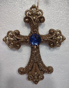 Acrylic Gold Cross Ornament with Blue Gem 5"x4"
