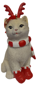 Cream Christmas Kitty Ornament with Red Boots/Antlers/Red & White Scarf 4" Resin