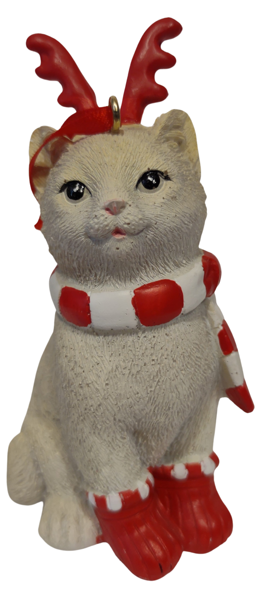 Cream Christmas Kitty Ornament with Red Boots/Antlers/Red & White Scarf 4