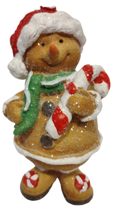 Gingerbread Figurine with Red Santa Hat Holding Candy Cane 6"x3" Resin