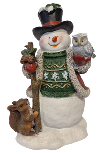 Snowman Figurine with Black Hat/Squirrel/Owl 8"x4" Resin