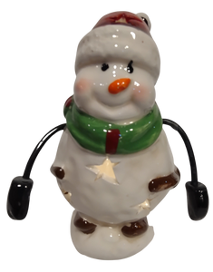 Ceramic Snowman with Red Hat/Green Scarf/Skis 6" Lights Up