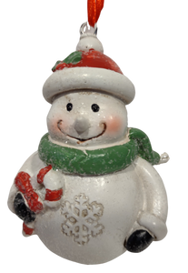 Merry Snowman Ornament with Red Hat & Green Scarf /Holding Candy Cane 4"