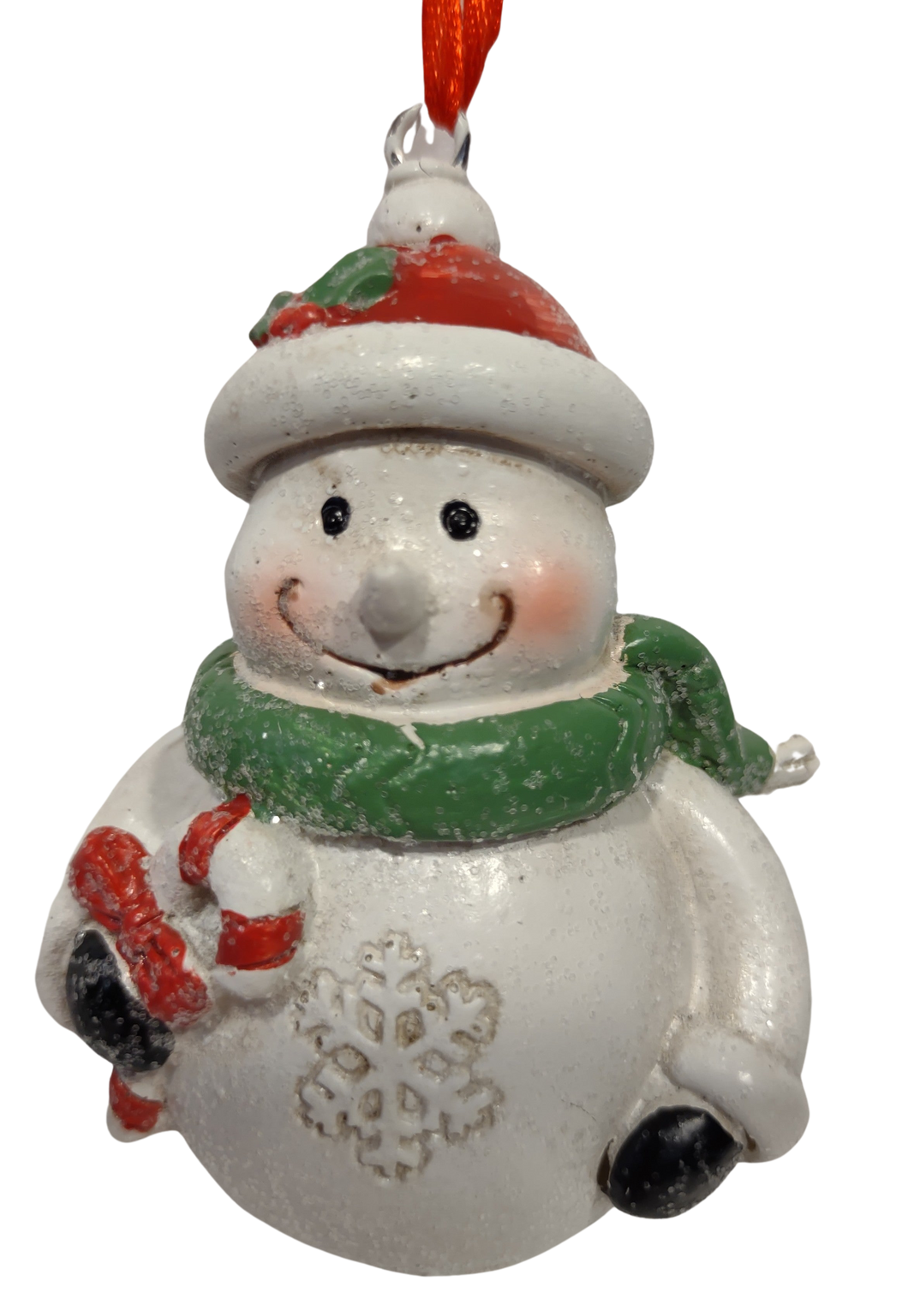 Merry Snowman Ornament with Red Hat & Green Scarf /Holding Candy Cane 4
