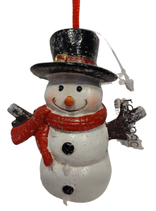 Merry Snowman Ornament with Black Hat & Red Scarf 4"