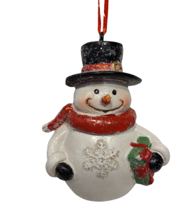 Merry Snowman Ornament with Black Hat & Red Scarf /Holding Present 4"