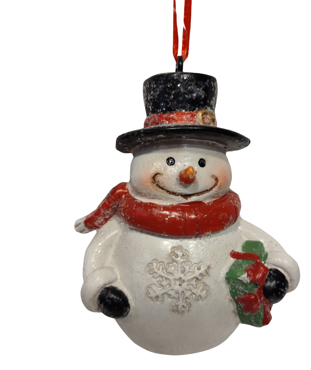 Merry Snowman Ornament with Black Hat & Red Scarf /Holding Present 4