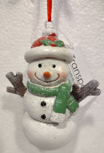 Merry Snowman Ornament with Red Hat & Green Scarf 4"