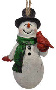 Cheery Snowman Ornament with Black Hat/Green Scarf Holding Red Cardinal 5" Resin