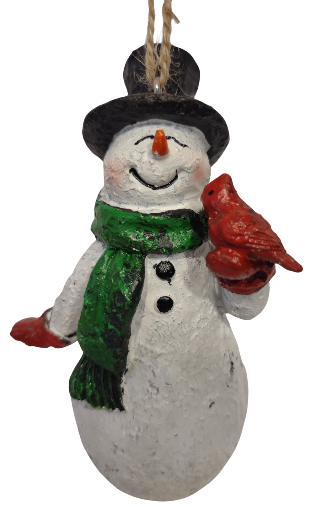 Cheery Snowman Ornament with Black Hat/Green Scarf Holding Red Cardinal 5