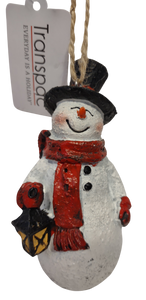 Cheery Snowman Ornament with Black Hat/Red Scarf Holding Lantern 5" Resin