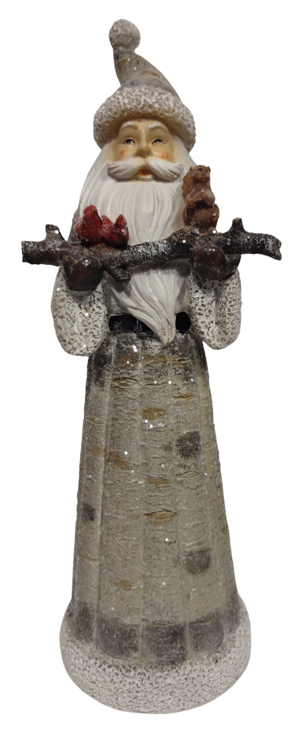 Grey/White Birch Santa Figurine Holding Branch with Red Cardinals  & Squirrel 13