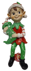 Merry Elf Figurine Holding Green Stocking Filled with Candy 9"