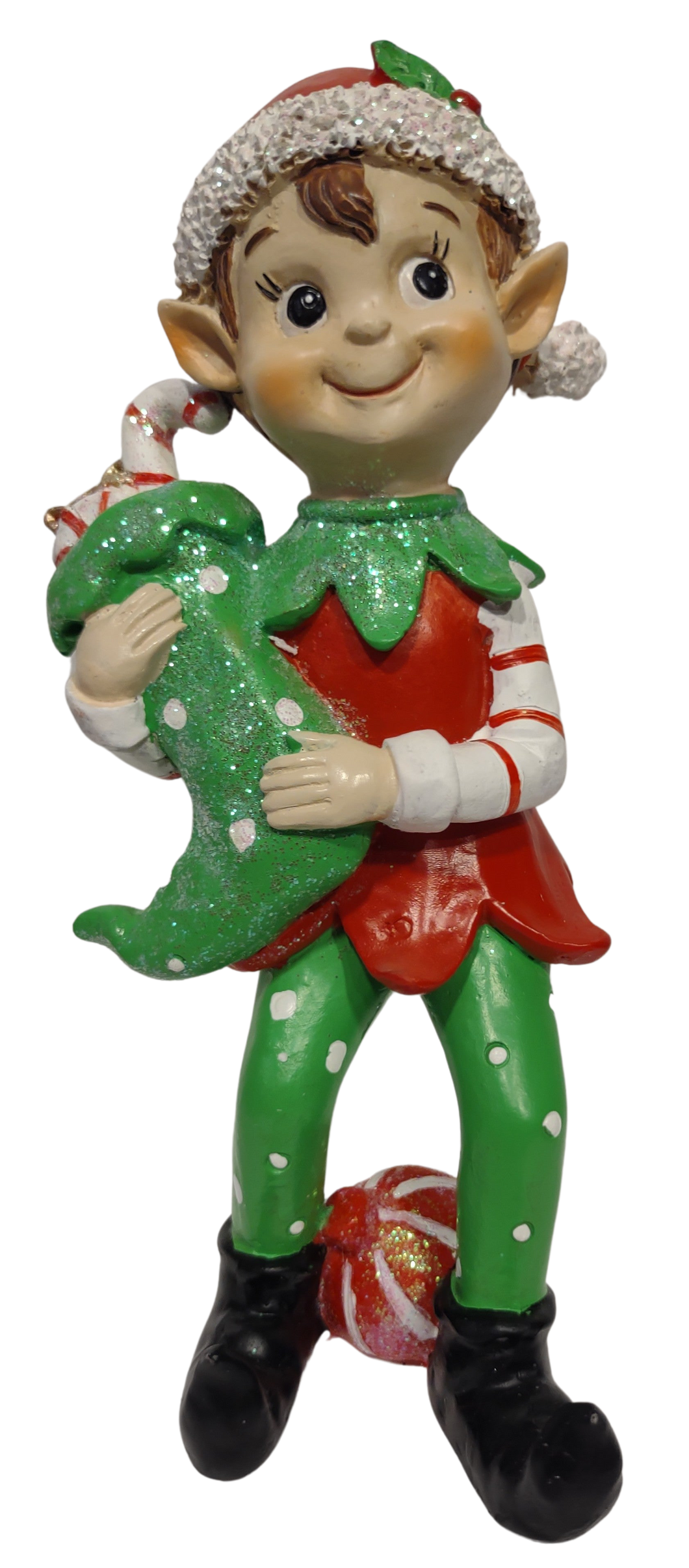 Merry Elf Figurine Holding Green Stocking Filled with Candy 9