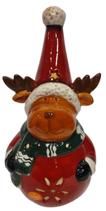 Ceramic Reindeer Figurine with Tall Red Hat & Green Scarf Lights Up 9"