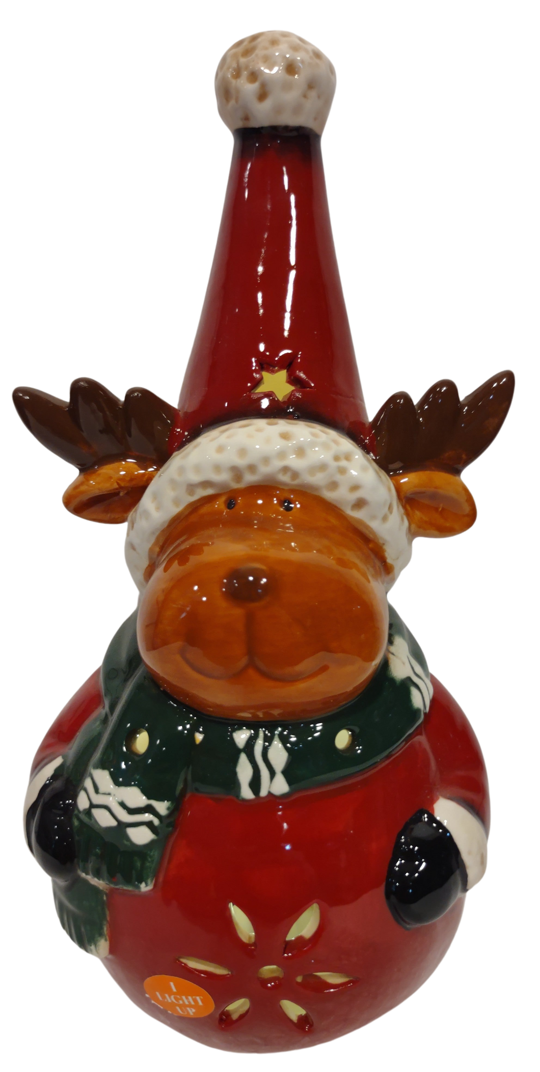 Ceramic Reindeer Figurine with Tall Red Hat & Green Scarf Lights Up 9