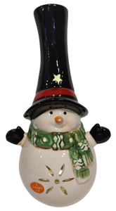 Ceramic Snowman Figurine with Tall Black Hat & Green Scarf Lights UP 9"