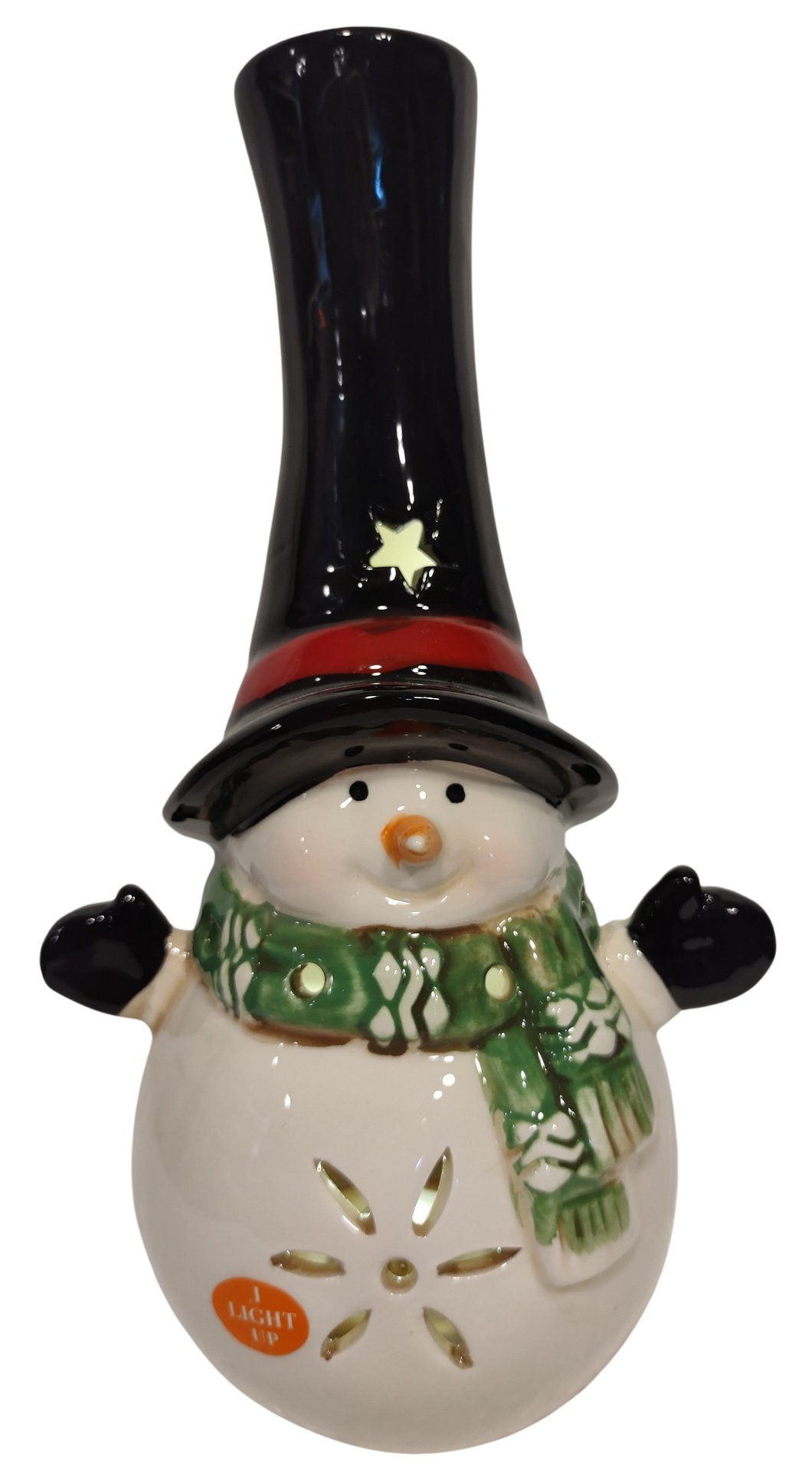 Ceramic Snowman Figurine with Tall Black Hat & Green Scarf Lights UP 9