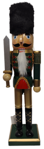 Wooden Royal Nutcracker Green/Gold/Red with Black Hat & Sword 15"