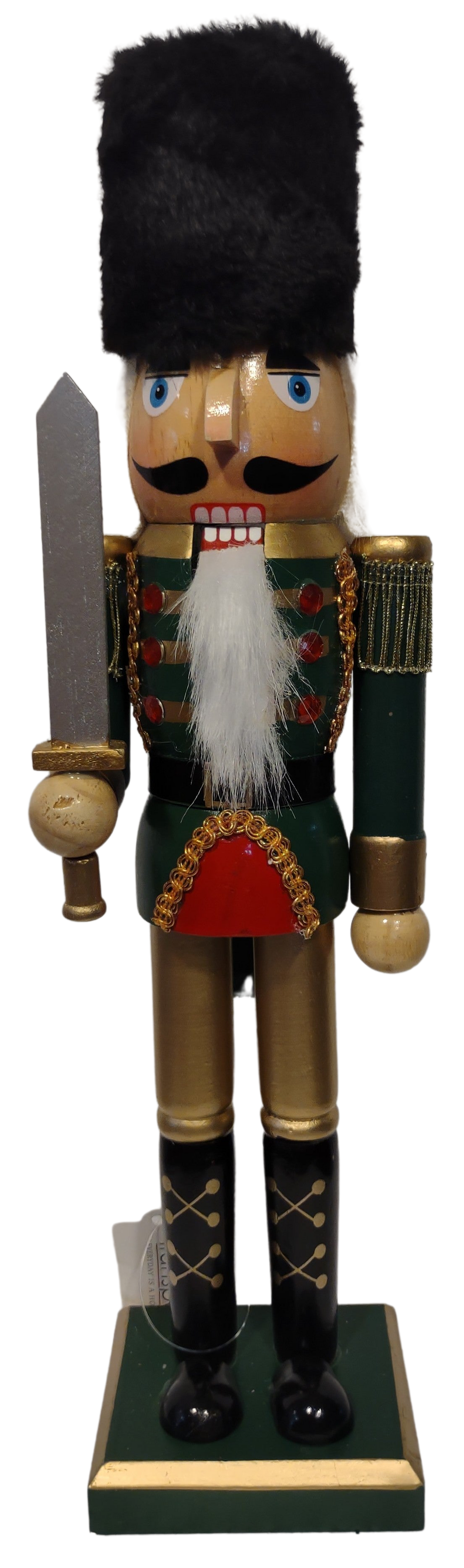Wooden Royal Nutcracker Green/Gold/Red with Black Hat & Sword 15