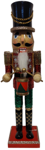 Wooden Royal Nutcracker Green/Gold/Red with Black Hat & Drum & Glitter 15"