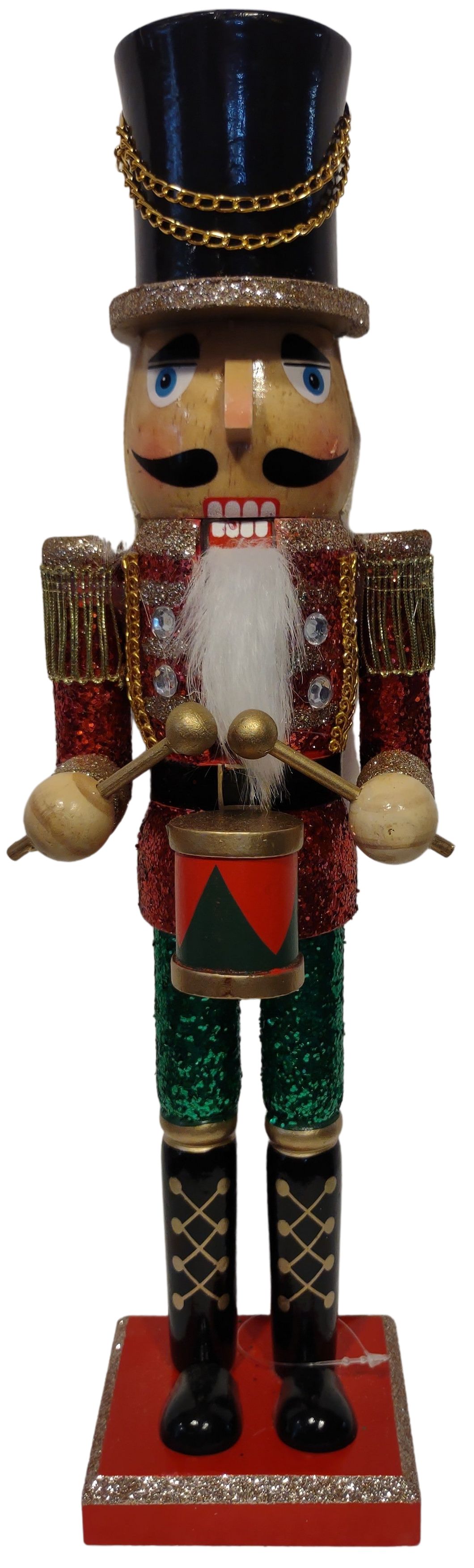 Wooden Royal Nutcracker Green/Gold/Red with Black Hat & Drum & Glitter 15
