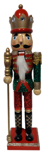 Wooden Glitz Nutcracker Red/Green/Gold with Red/Gold Crown & Scepter & Glitter 15"