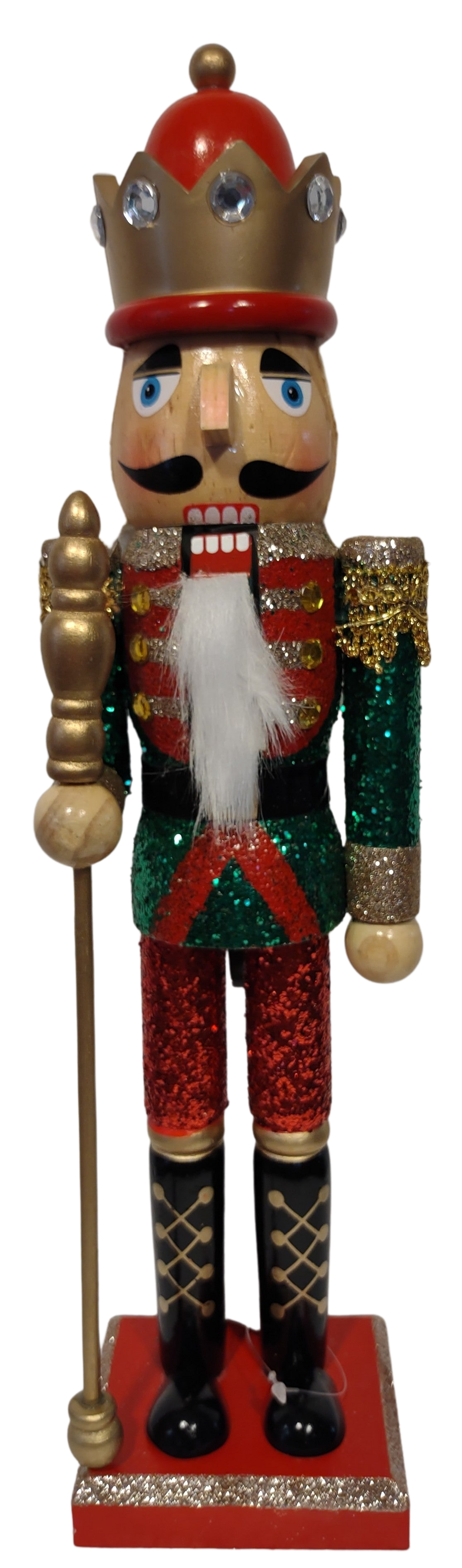 Wooden Glitz Nutcracker Red/Green/Gold with Red/Gold Crown & Scepter & Glitter 15