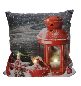 Christmas Led Light Up Pillow with Image of  Lit Lantern 16"