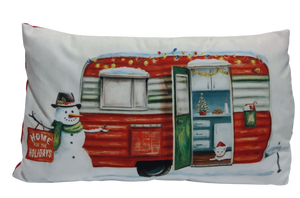 Christmas Pillow with Snowman & Camper - Home for The Holidays - 9"X16"