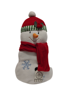 Snowman Pillow with Red Hat/Red Scarf/Blue Snowflakes 10"x19"