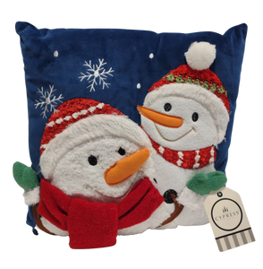 Blue Christmas Pillow with Snowmen with Red hats/Red Scarf/White Snowflakes  13"x13"