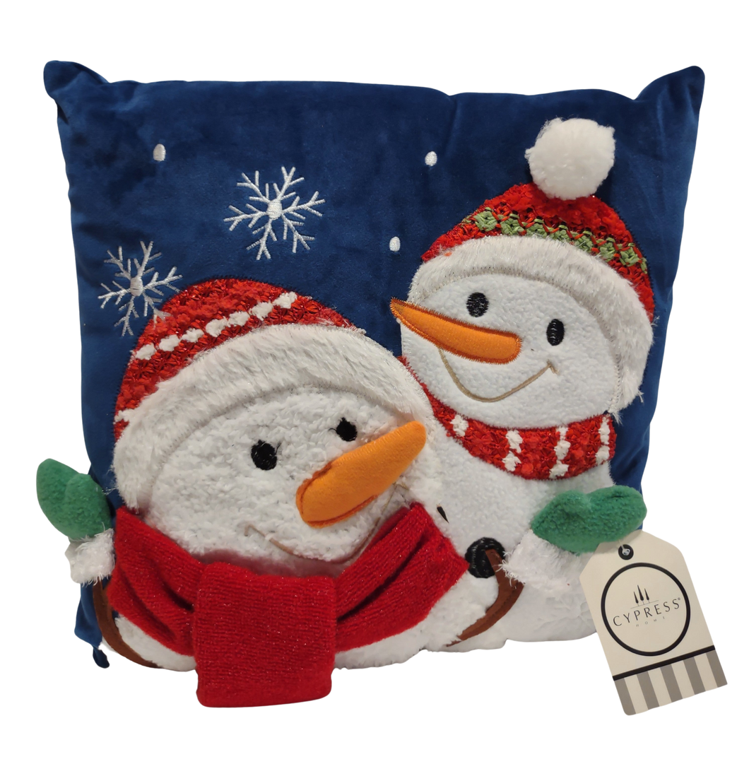 Blue Christmas Pillow with Snowmen with Red hats/Red Scarf/White Snowflakes  13