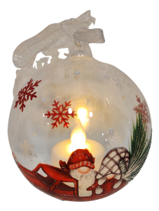 Luxury Lite LED Gnome Ornament 3.5" x 3.5" with Glowing Flame with Gnomes in Red truck
