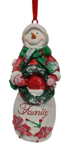 Snowman Ornament with Green Wreath - Family 4.5" Resin