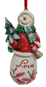 Snowman Ornament with Green Christmas Tree - Love 4.5" Resin
