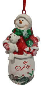 Snowman Ornament with White Bear and Candy Cane - Joy  4.5" Resin