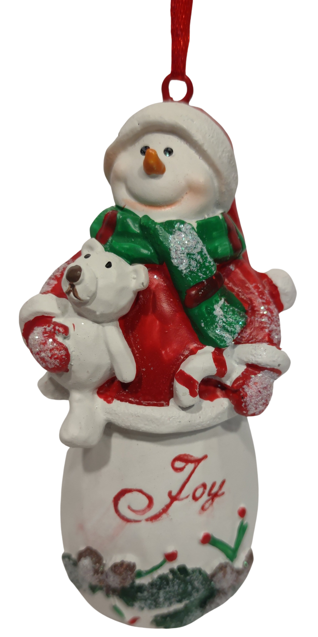 Snowman Ornament with White Bear and Candy Cane - Joy  4.5