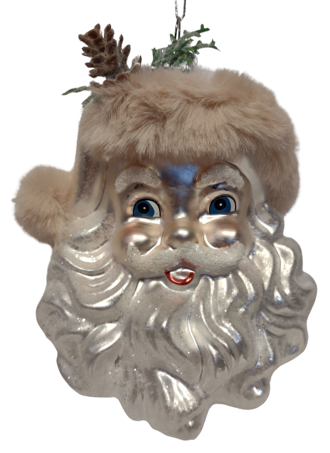Glass Silver Santa Head Ornament
