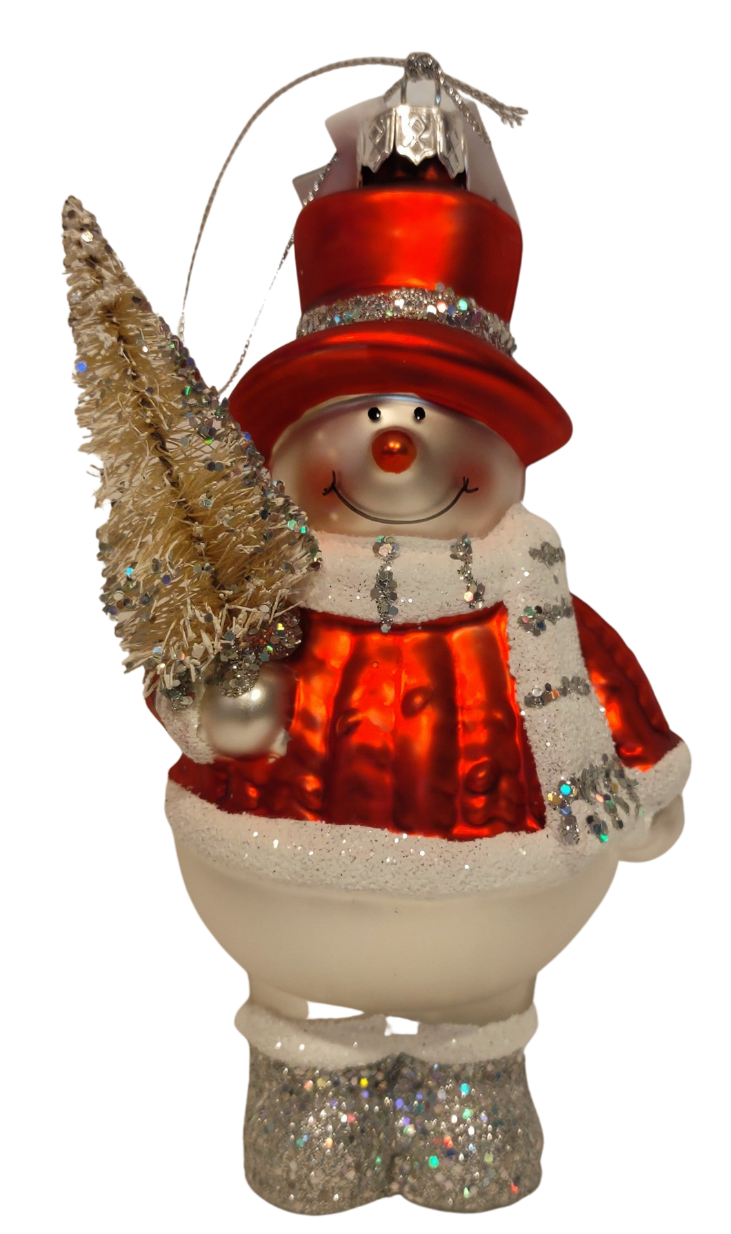 Glass Silver/Red Snowman Ornament Holding White Christmas Tree